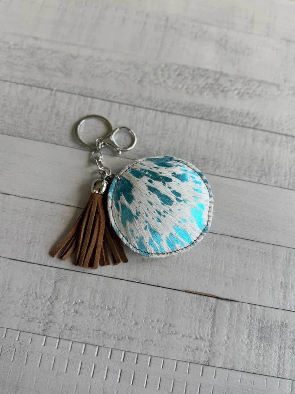 Western Acid Wash Round Turquoise & White Haircalf Keychain with Brown Tassel